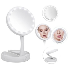 Espelho de Mesa Dobrável p/ Maquiagem c/ Zoom 10x e Luz Led