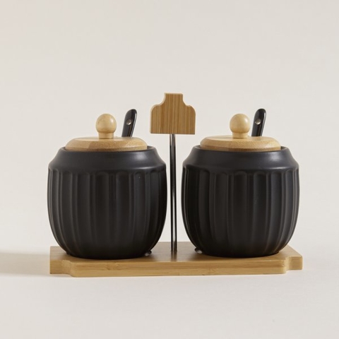 Set 2 Azucareras de porcelana Black con base de bamboo
