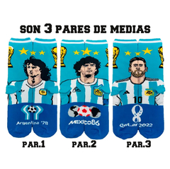 Medias Combo x3 - Kempes 78 - Maradona 86 - Messi 22 - Argentina