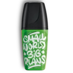 Rotulador fluorescente verde Stabilo Boss Mini con diseño que dice "Small World Big Plans".