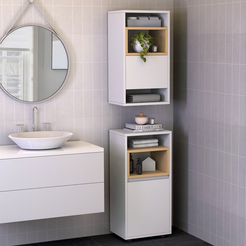 mueble organizador baño moderno o lavadero repisa flotante y tolva