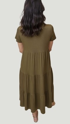 VESTIDO MANGA CURTA MIDI DECOTE V - VERDE OLIVA - Helena Gregorio  - Loja online de roupas femininas