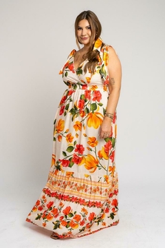 VESTIDO LONGO FLORIDO MARTA - LARANJA - D' VINA PLUS SIZE