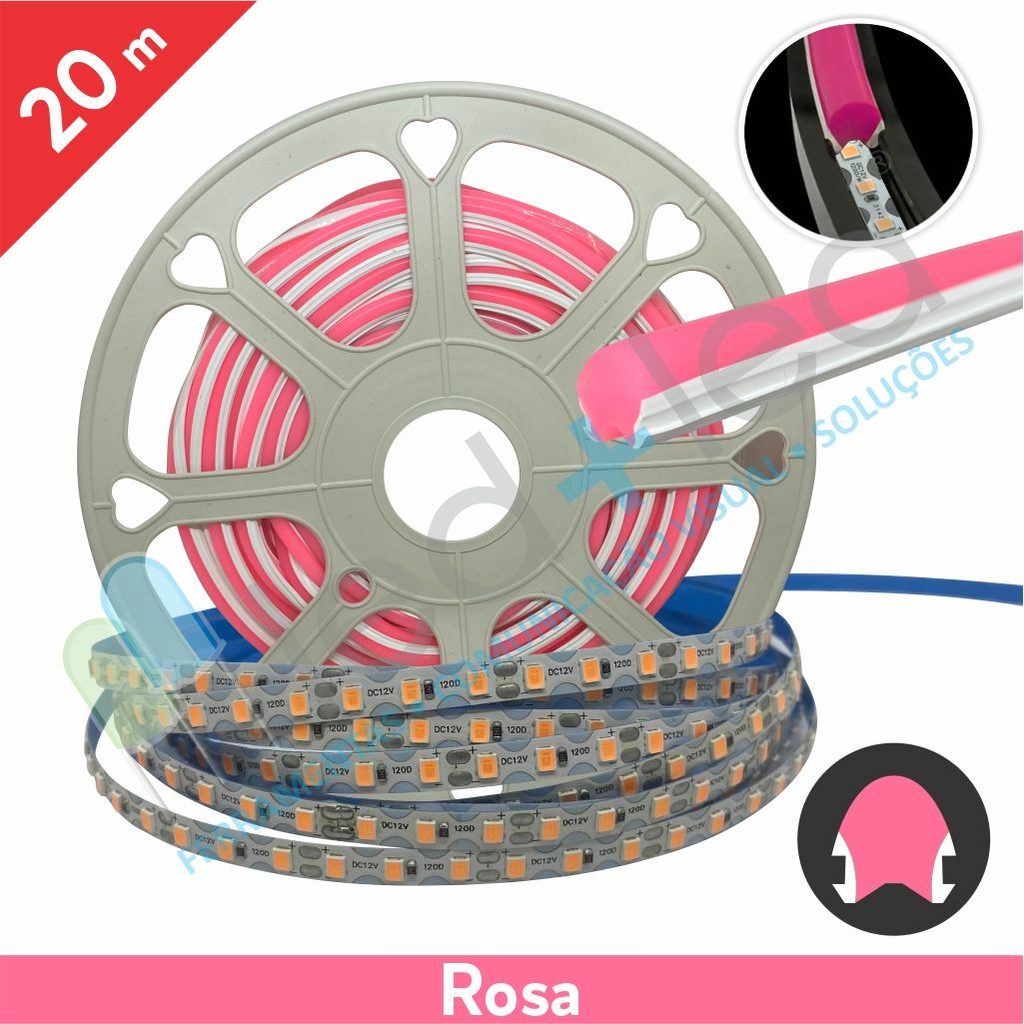 20 metros Neon LED 2a Geração Rosa 6mm c/ Fita LED IP20