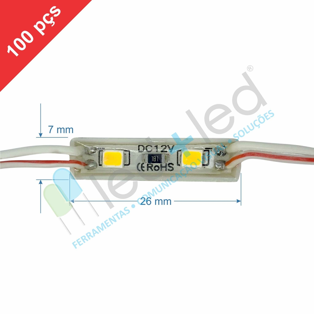 100 Mini Módulo LED 26x7mm Branco Quente