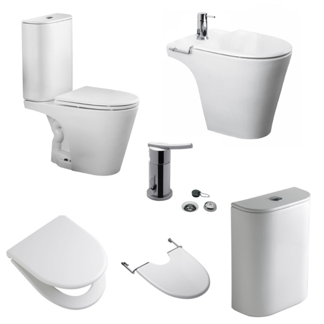 COMBO FV FERRUM MARINA INODORO CON TAPA MOCHILA BIDET CON TAPA Y GRIFERIA LIBBY 0189 39