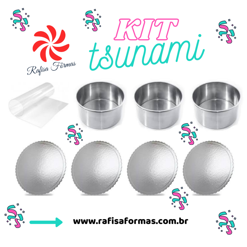 KIT TSUNAMI; 03 FORMA REDONDA 15X8 + 04 CAKE BOARD PRATA + ROLO DE ACETATO