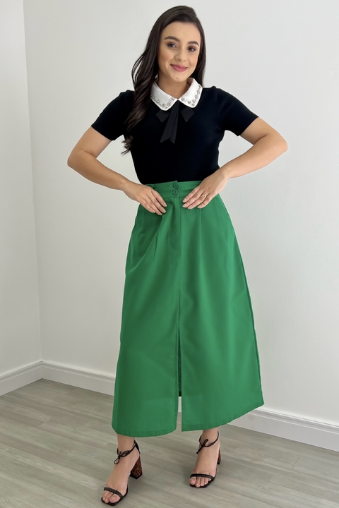 Saia Maxi Midi Linho Fenda Frontal Verde Bandeira