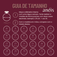 Guia de tamanhos de anéis com medidas em centímetros e diâmetro interno, incluindo instruções para medição precisa.