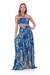 conjunto camila siqueira top cropped saia longa seda azul estampa floral