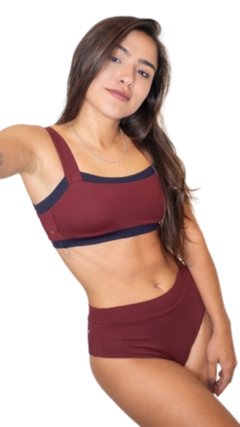 Conjunto: Top Faixa dupla face + Calcinha Hot Pant dupla face Bordô com preto