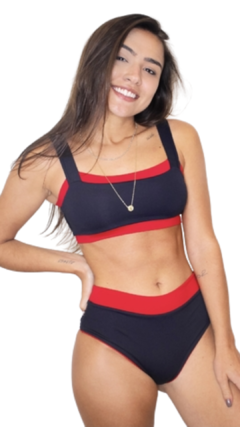 Conjunto: Top Faixa dupla face + Calcinha Hot Pant dupla face Vermelho com preto