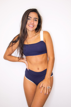 Conjunto: Top Faixa dupla face + Calcinha Hot Pant dupla face Azul marinho com off white