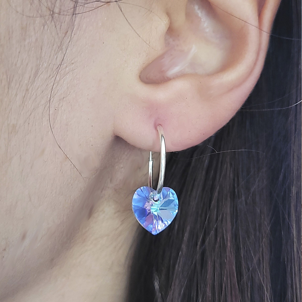 Aros Argollas Corazon 10mm en Cristal y Plata 925