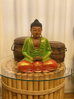 Imagem do Escultura Entalhada Buda Colorido - Madeira Suar (30cm)