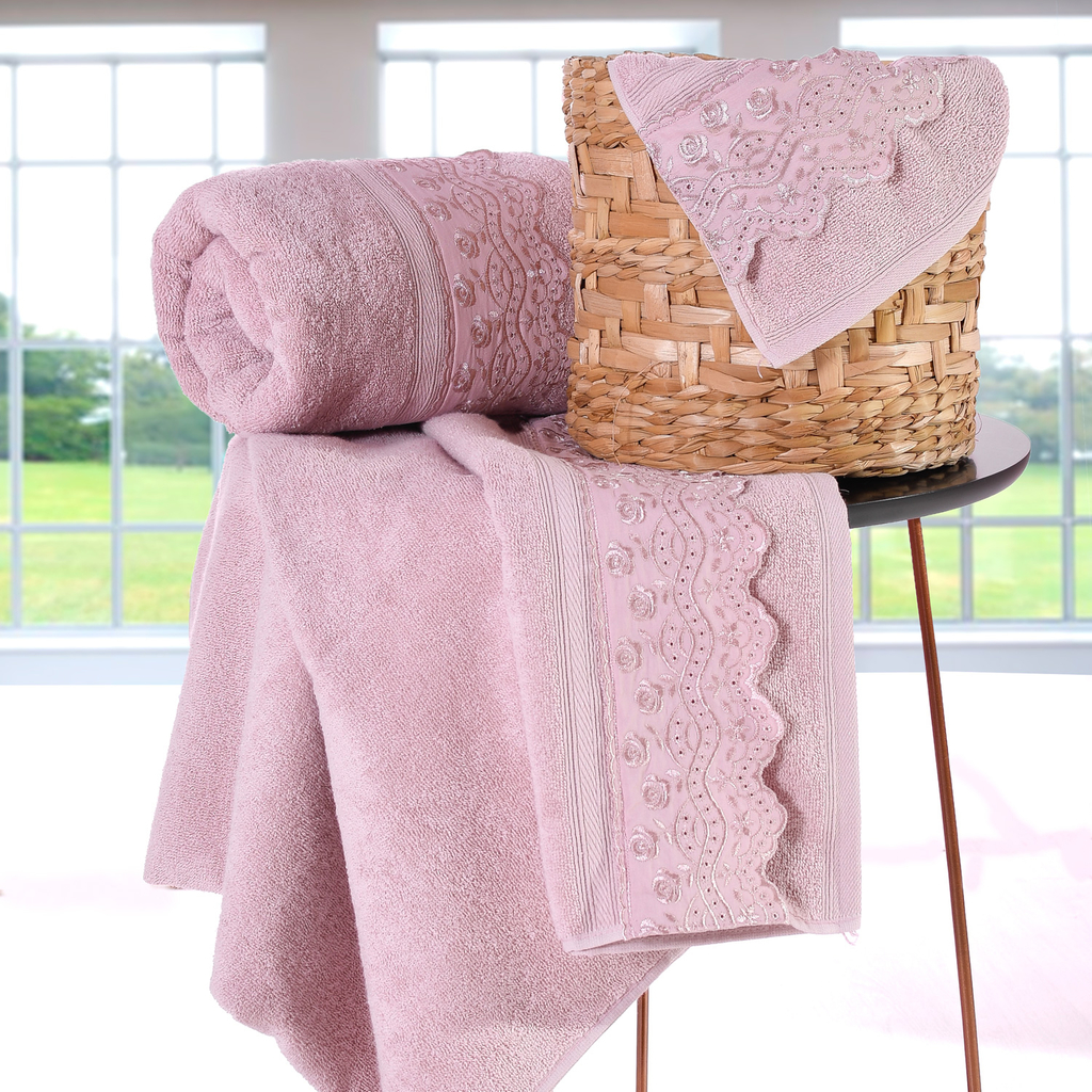 Jogo de toalha de banho bordado rosa - Jogo de toalha de banho com bordado  inglês Rosa