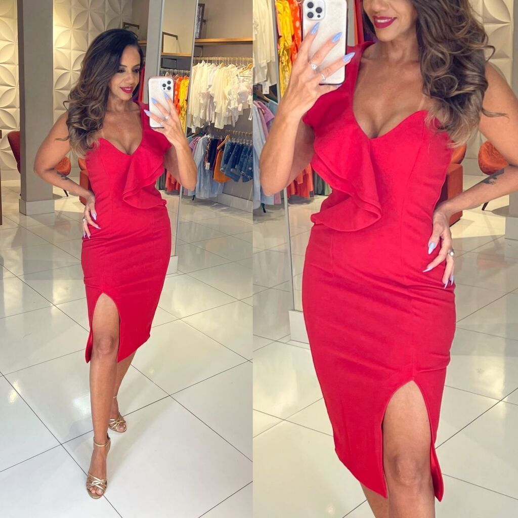 Vestido Midi Lívia c/ Babado e Fenda Vermelho