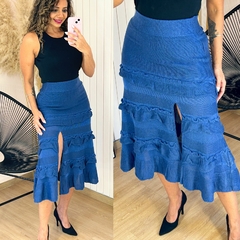 Saia Midi Tricot c/ Fenda Larissa Azul Bic