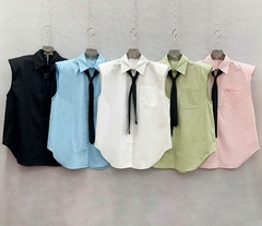 Camisa Social sem Manga c/ Gravata - Rosa Store Moda Feminina