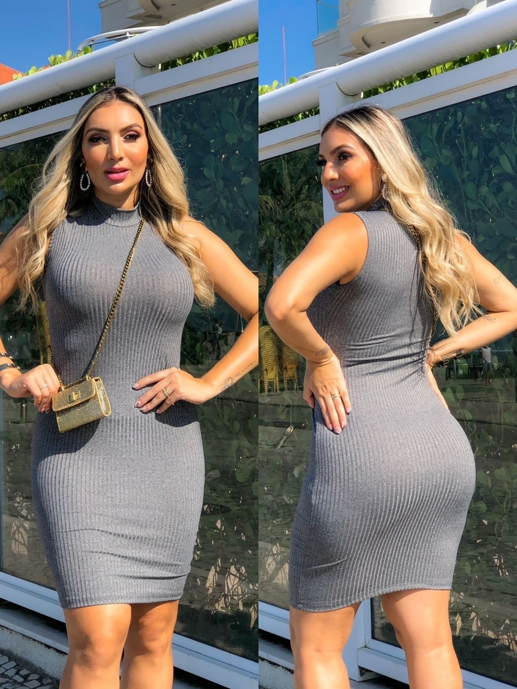 Vestido CINZA midi gola sem manga - GGS Modas