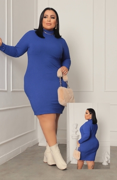 Vestido Azul Bic Plus Size Gola Manga Longa