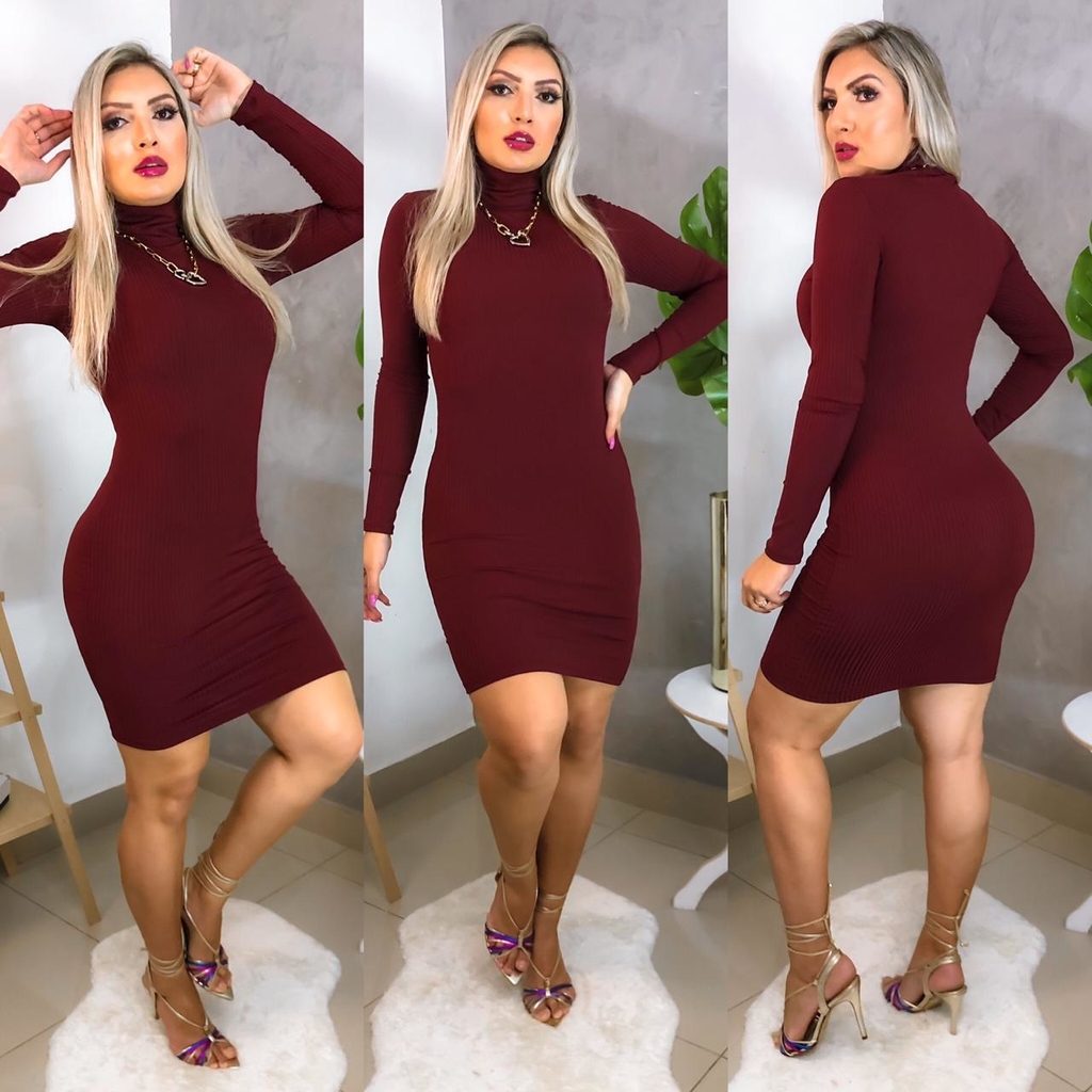 Vestido MARSALA manga longa gola alta - GGS Modas