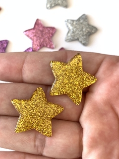 APLIQUE ESTRELA MINI RESINA GLITTER DOURADO - 2 UNIDADES