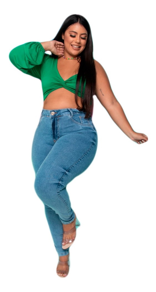 Calça Jeans Feminina Plus Size Lisa Com Cinta Chapa Barriga