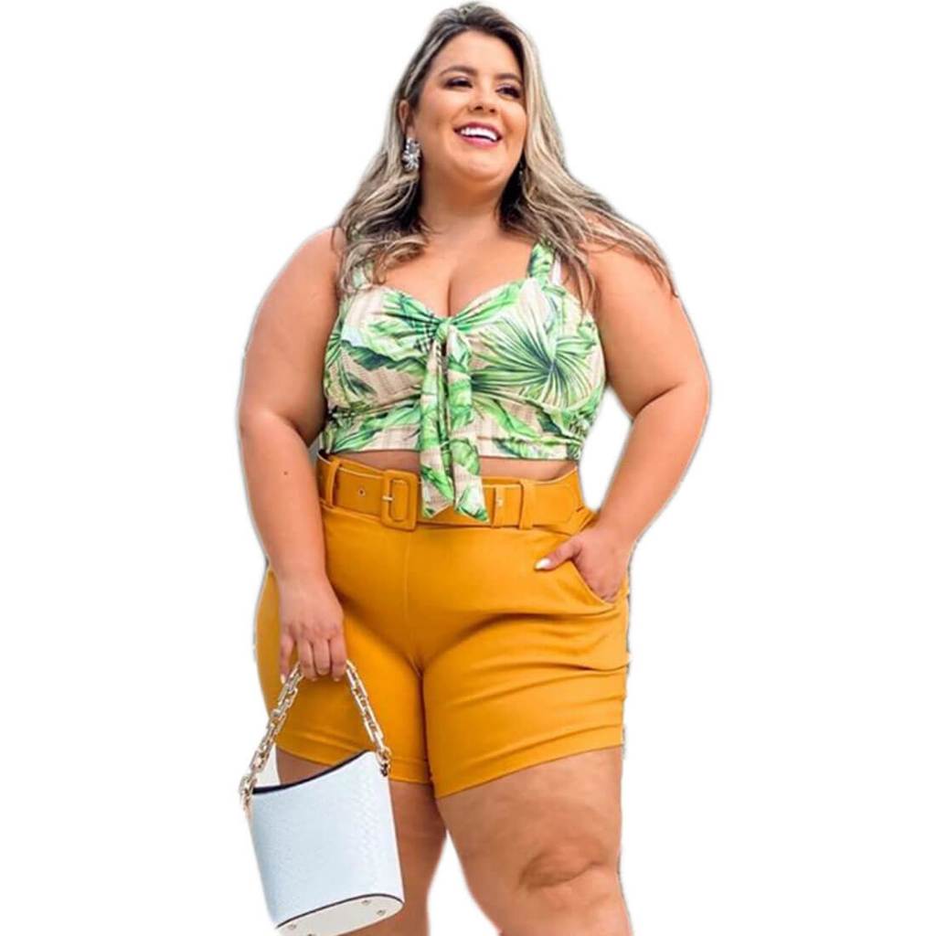 Short Feminino Plus Size Bengaline Cinto Bolsos Nas Laterais