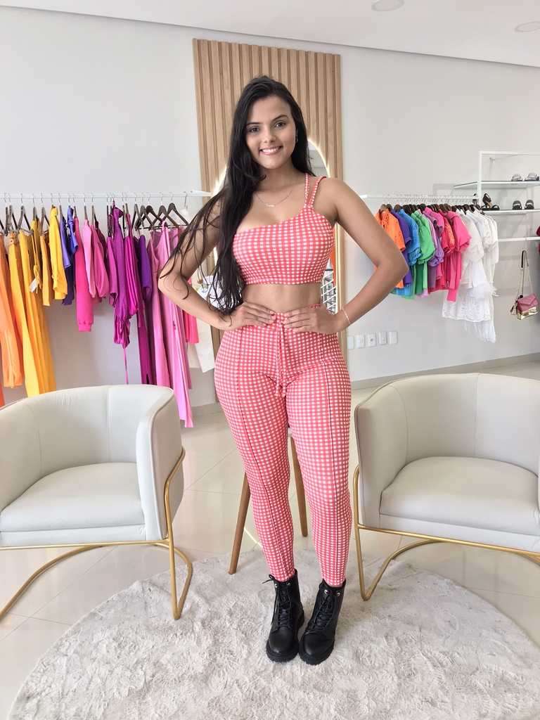 Conjunto Feminino Xadrez Calça E Top Mula Manca De Alça Sem Bojo