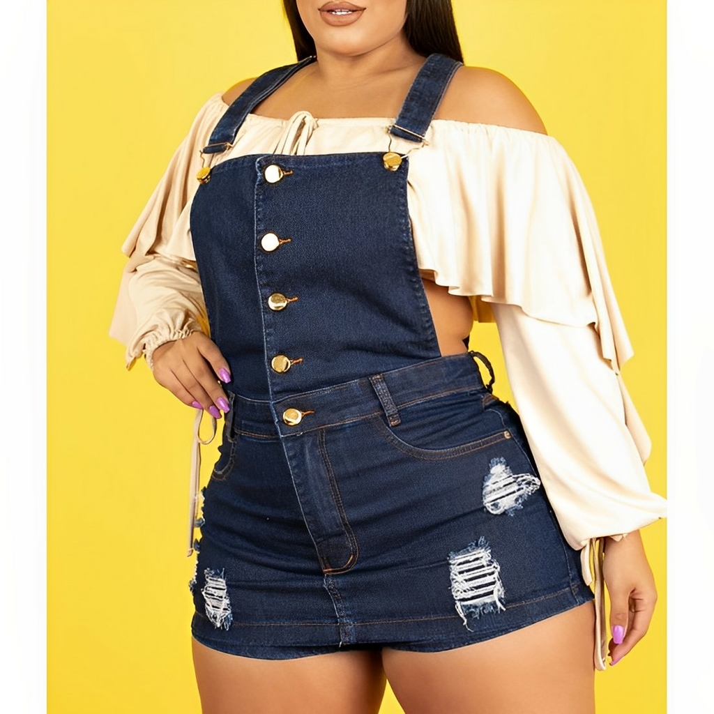 Jardineira Jeans Short Saia Plus Size Com Destroyed Novidade