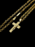 Corrente Cadeado 60cm 4mm Fecho Gaveta Banhada a Ouro 18K + Pingente Cruz Oração Pai Nosso Pequeno