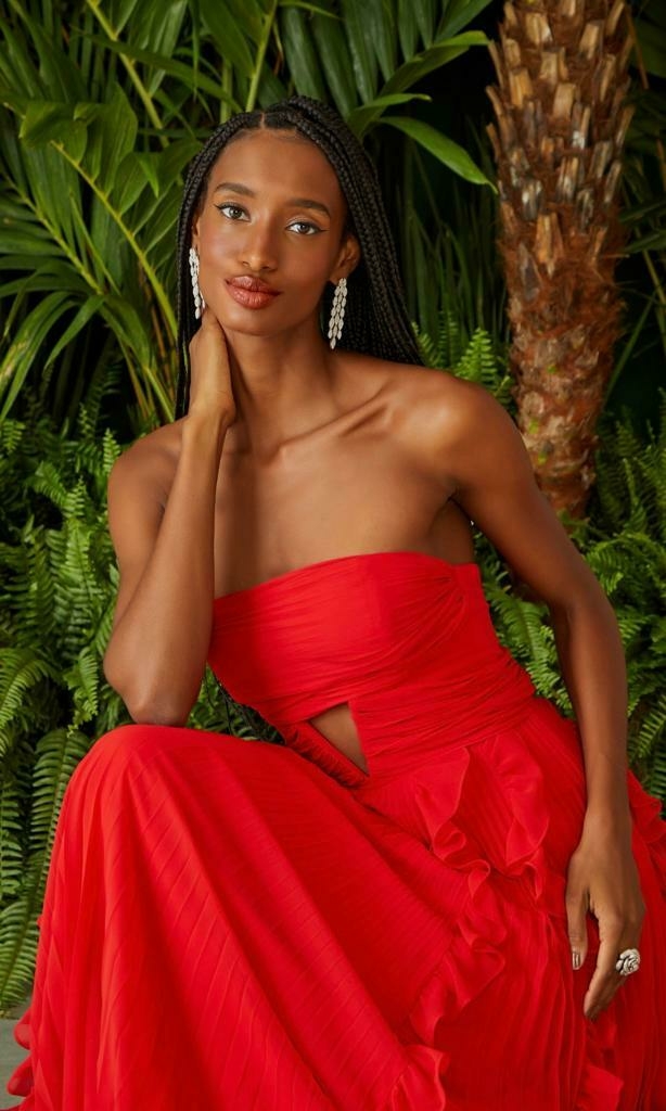 VESTIDO LONGO RECORTE PLISSADO VERMELHO VITAL