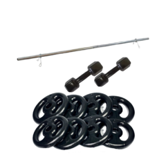 Kit 36kg Anilhas + Barra Zincada + Halteres Emborrachado