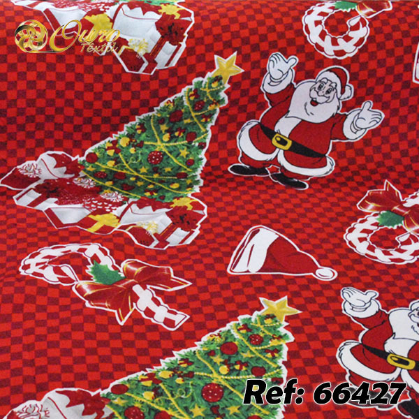 Tecido Estampado - Papai Noel fundo Xadrez Vermelho Cor 01 - Des