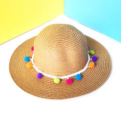 Chapéu de Praia Infantil Palha com Pompom Colorido - comprar online