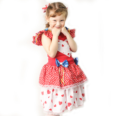 Vestido Junino Estampa Coração Vermelho com acessórios - 100% algodão - Menina de Laço - Maior loja de acessórios infantis há 16 anos colorindo e enfeitando meninas!