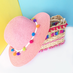 Chapéu de Praia Infantil Rosa com Pompom Colorido - comprar online