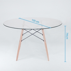 mesa redonda de vidrio con patas de madera
