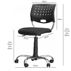silla de escritorio cromada tapiza respaldo plástico sin apoya brazos color negro medidas