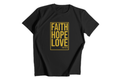 Camiseta Camisa Faith Hope Love Gospel Dourado Masculino Preto