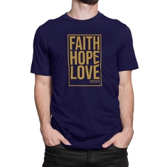 Camiseta Camisa Faith Hope Love Gospel Dourado Masculino Preto - Liga Fashion Oficial ® - A tendência é ser você