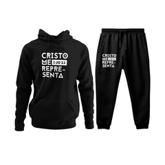 Conjunto Moletom Kit Canguru e Calça Cristo Me Representa Gospel Masculina Preto