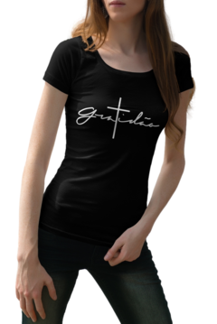 Camiseta Baby Look Gratidão Gospel feminino preto na internet