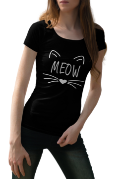 Camiseta Baby Look Meow Gato Cat Kiss feminino preto