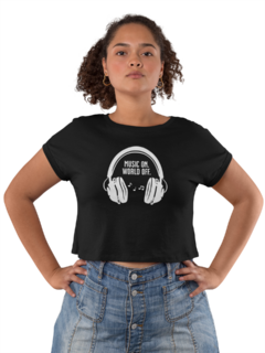 Camiseta Baby Look Musica ON Mundo OFF Feminino Preto