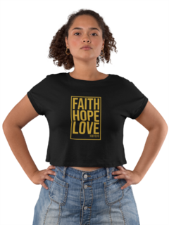 Camiseta Baby Look Faith Hope Love Gospel Dourado Feminino Preto