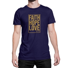 Camiseta Camisa Faith Hope Love Gospel Dourado Masculino Preto - loja online