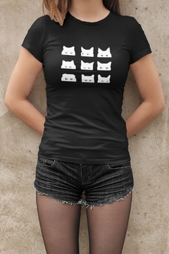 Camiseta Baby Look Olhos Gatinhos Feminino Preto na internet