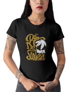 Camiseta Baby Look Rio de Janeiro Brasil Dourado Feminina Preto